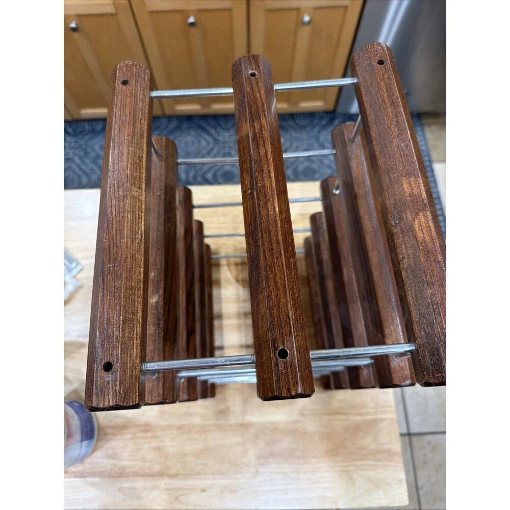 Danish Mid Century Modern Teak Wood And Chrome 8 Slot Wine Bottle Rack VTG